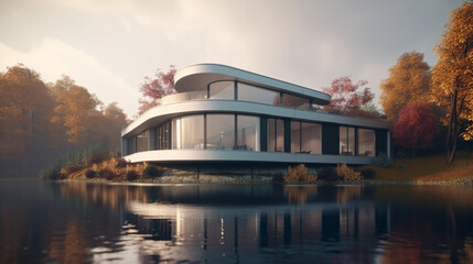 Obraz premium Modern house with a flat roof in a picturesque setting. Generative AI