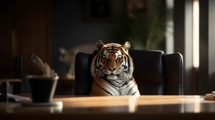 portrait of a tiger wearing business suit outfit sitting at desk at work work, generative ai, abstract elegant business talk	