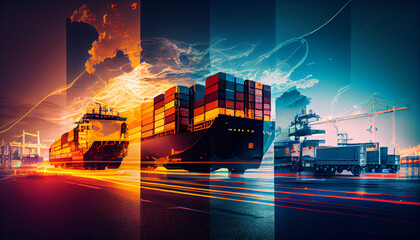 Double exposure of Industrial Container Cargo freight ship, truck, aircraft for Logistic Import Export concept