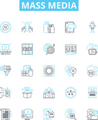 Mass media vector line icons set. Broadcasting, Newspapers, Magazine, Television, Film, Radio, Internet illustration outline concept symbols and signs