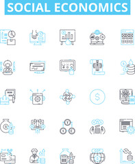 Social Economics vector line icons set. Socioeconomics, inequality, welfare, poverty, labor, markets, redistribution illustration outline concept symbols and signs