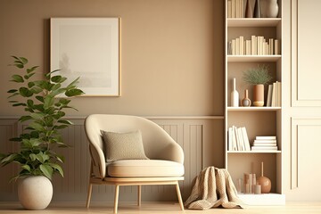 Empty wall mock up in warm beige living room with chair, book shelf, and plant in vase. Generative AI
