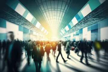 People traveling, walking through airport terminal, motion blur, wide shot. Generative AI
