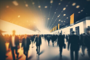 Background of an expo with blurred individuals in an exposition hall. Concept for a major international exhibition, conference center, corporate marketing, and event fair. Generative AI - obrazy, fototapety, plakaty