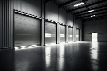 Factory, warehouse, or hangar use roller doors or roller shutters. Generative AI