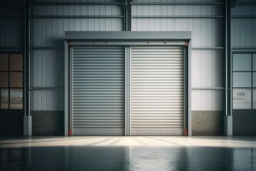 Factory, warehouse, or hangar use roller doors or roller shutters.  Generative AI - obrazy, fototapety, plakaty