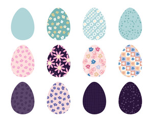Easter eggs floral collection in 1970 retro style. Perfect for stickers, cards, print. Isolated vector illustration for decor and design.