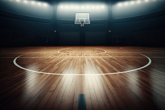 sport arena for basketball. inside shot of the basketball court's wooden floor. Generative AI