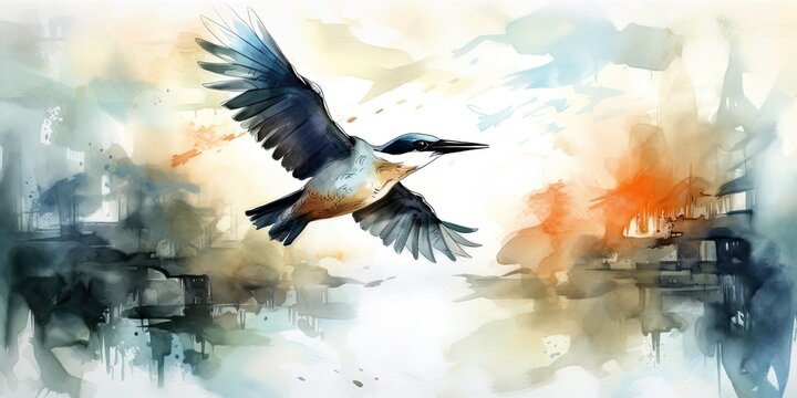 The bird is flying in a watercolor painting, representing the concept of World Migratory Bird Day. Generative AI