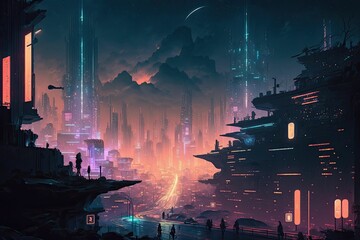 futuristic cityscape illustration. Generative AI.
