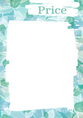 Price list template for business design. Watercolor abstract frames with green and blue gradient leave with white background.. Price list for printing