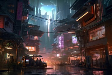 night city street illustration. Generative AI.