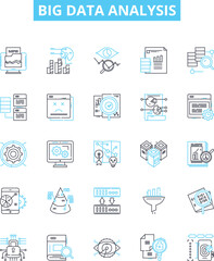 Big data analysis vector line icons set. Analytics, Mining, Storage, Patterns, Visualization, Machine-learning, Clustering illustration outline concept symbols and signs