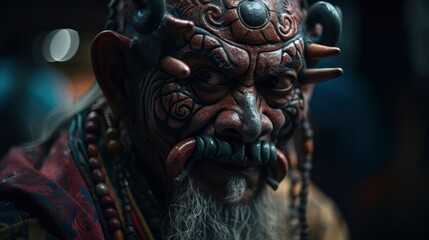 Fototapeta na wymiar Chinese dragon mask in temple background, high detailed old traditional mask, red devil demon asia, realistic 3D head, generative ai