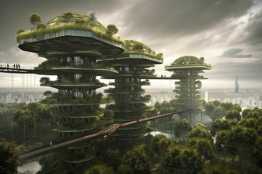 futuristic city in a green environment. Generative AI