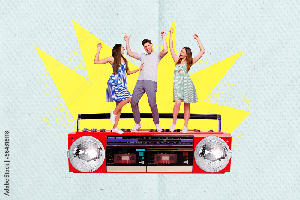 Sticker Creative template banner invite party have fun dancers chill disco ball boombox rhythm clubbing overjoyed isolated on blue color background