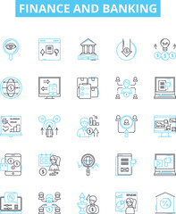 Finance and banking vector line icons set. Banking, Finance, Money, Investment, Savings, Mortgage, Loan illustration outline concept symbols and signs