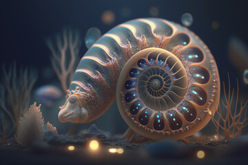 Glowing and Radiant Nautilus in the Deep Blue Sea