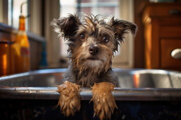Photograph of Cute Wet Dog in Bathtub with Foam
