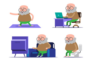 emotion cute vector, illustration flat cartoon character lifestyle senior man exercise, work from home, relax and use toilet at home.