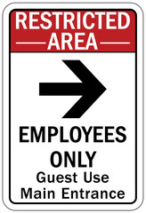 Employee entrance only sign and labels guest use main entrance