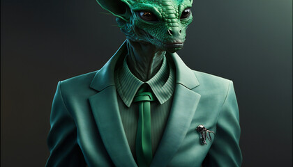 Alien wears an office suit with a business style.AI