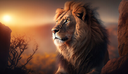 Naklejka premium Majestic Lion Watching the Sunset from a Hilltop in the Desert