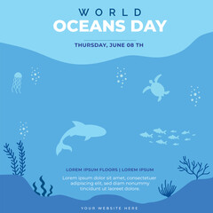World oceans day design with underwater ocean, dolphin, shark, coral vector illustration. Let's save our oceans.