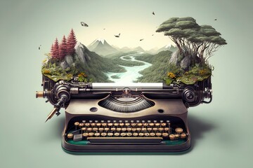 Writer creativity imagination concept illustration, vintage typewriter high angle view flying over natural landscape, copy space on the right. Generative AI - obrazy, fototapety, plakaty