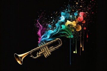 Trumpet colorful brass musical instruments splash illustration on black background, horizontal banner with copy space. Generative AI - obrazy, fototapety, plakaty