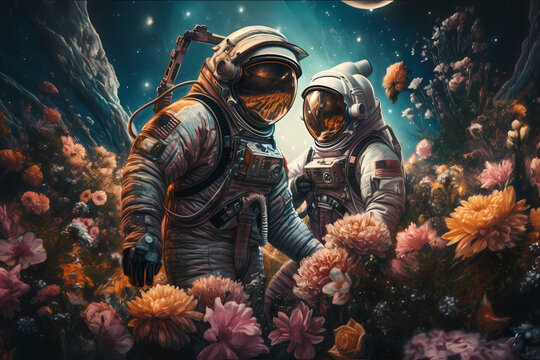 Astronauten im Weltraum reisende mit exotischen Traum-Blumen auf anderem Paneten