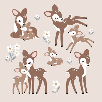 Cute vintage fawn mom and baby characters.  Perfect for tee shirt logo, greeting card, sticker, poster, invitation or print design.