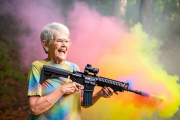 Fototapeta premium AI illustration of a grandma shooting a gun and having fun