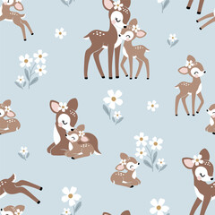 Seamless vector pattern with cute vintage fawn, mom and baby on floral background. Perfect for textile, wallpaper or print design.