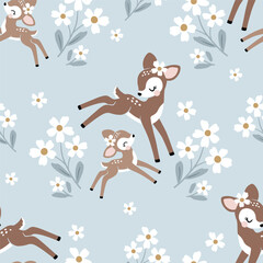 Seamless vector pattern with cute vintage fawn, mom and baby on floral background. Perfect for textile, wallpaper or print design.