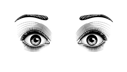 Female eyes wide open in fear or surprise isolated on white. Vintage engraving stylized drawing. Vector illustration