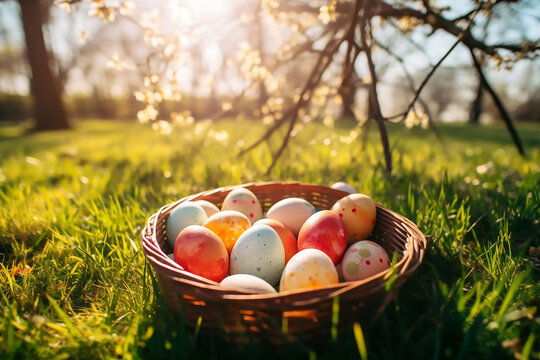 Egg-citing Easter Decor: Painted Eggs in a Basket on a Sunny Day