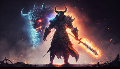 Epic Battle: Warrior Fighting Evil Demon in Epic Showdown