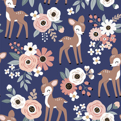 Seamless vector pattern with cute vintage fawn on floral background. Perfect for textile, wallpaper or print design.