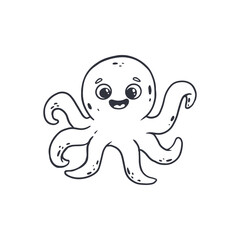 Funny cartoon octopus isolated on white background.Coloring book. Doodle. Black and white illustration.