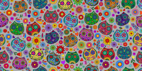 Naklejka premium Day of the Dead skulls pattern. Mexican dead Cat. Dia de los muertos print. Day of the dead and Mexican tradition festival. Day of the dead sugar skull isolated. Dia de los Muertos tattoo skulls.