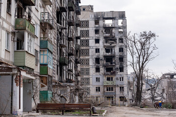 destroyed and burned houses in the city Russia Ukraine war