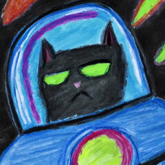 oil pastel drawing of an annoyed cat in a spaceship