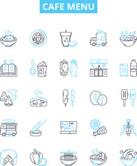 Cafe menu vector line icons set. Coffees, Desserts, Sandwiches, Drinks, Food, Salads, Sides illustration outline concept symbols and signs