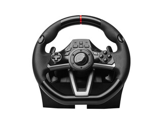 Steering play wheel isolated. Racing wheel for computer driving simulator isolated on transparent or white background.