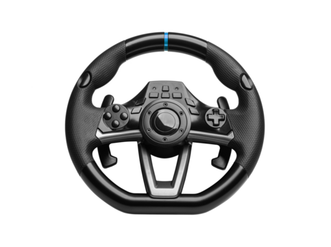 Steering play wheel isolated. Racing wheel for computer driving simulator isolated on transparent or white background.