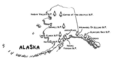 Vector hand drawn map of Alaska AK with main cities and US National Parks. US States USNPs black and white illustrated map. Full vector global color swatch different layer for ease of use