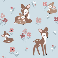 Seamless vector pattern with cute vintage fawn, mom and baby on floral background. Perfect for textile, wallpaper or print design.