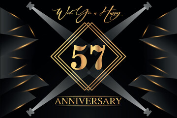 57 year anniversary celebration luxury golden color logo design with elegance gold line and number on black background
