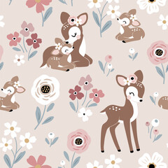 Seamless vector pattern with cute vintage fawn, mom and baby on floral background. Perfect for textile, wallpaper or print design.